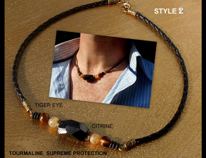 TOURMALINE rutilated quartz Citrine Tiger Eye Lava stone men Necklace EMF Protection, healing crystal, black leather handmade necklace Men /couple Gift