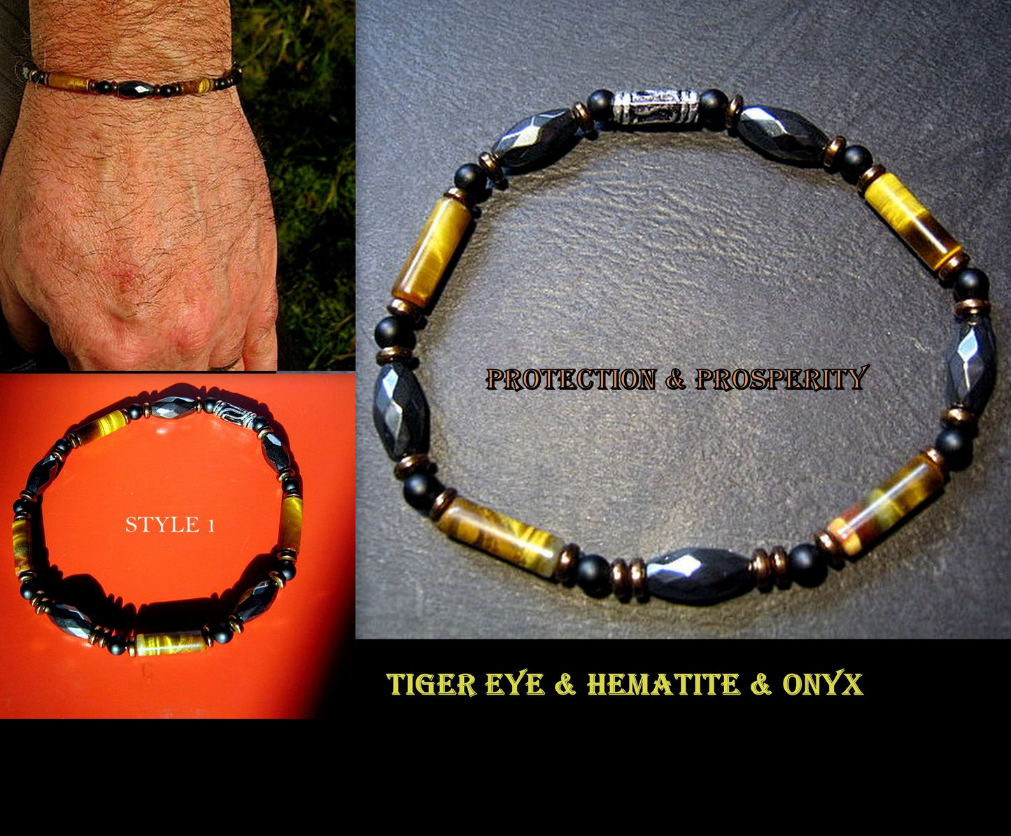 Bracelet TIGER EYE Onyx Hematite Healing protection precious stone Men handmade slim bracelet Men gift
