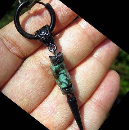 CAMELYS MAGIC 4 MEN - Men Earring African turquoise & Hematite stone black Spike Dangle Hoop/ clip on, Handmade earring men gift