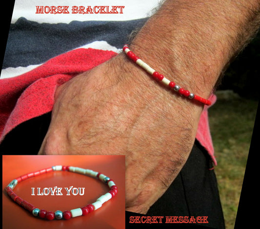 Custom MORSE CODE men/women Bracelet, Hematite & white/ red Coral, I love you Secret Message, Healing protection stone Men handmade slim bracelet Men gift