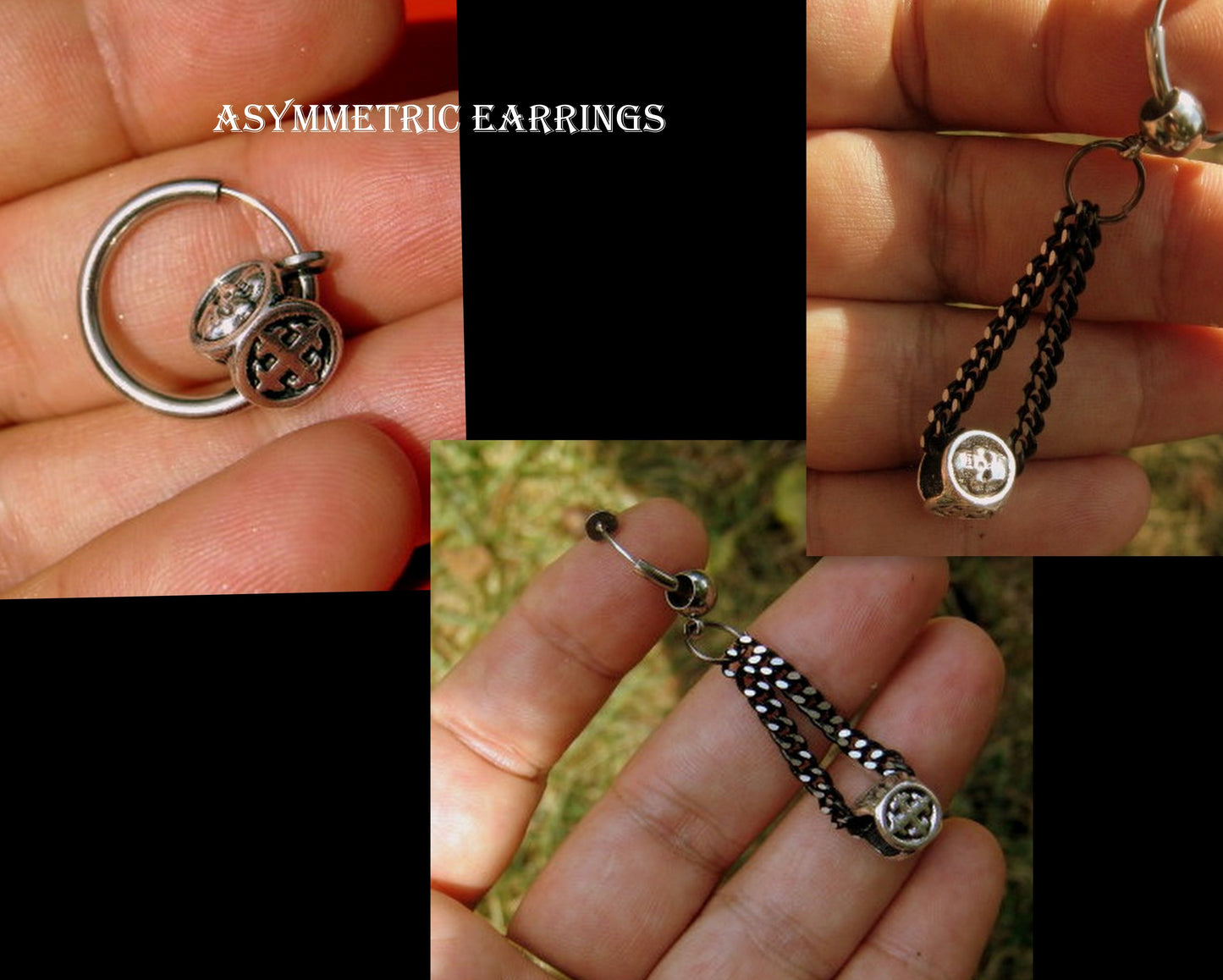 Men CROSS & SKULL punk Earring Hoop or Clip on non piercing  earring, black chain, Dangle Handmade earring women men gift