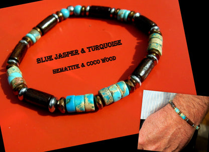Men TURQUOISE Imperial JASPER Bracelet Coco wood Hematite heishi Healing stone, handmade bracelet men gift