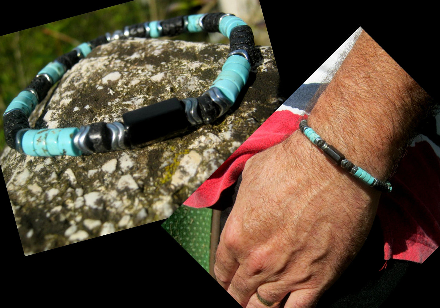 Bracelet african TURQUOISE Lava heishi Hematite Tourmaline Healing stone, handmade bracelet men gift