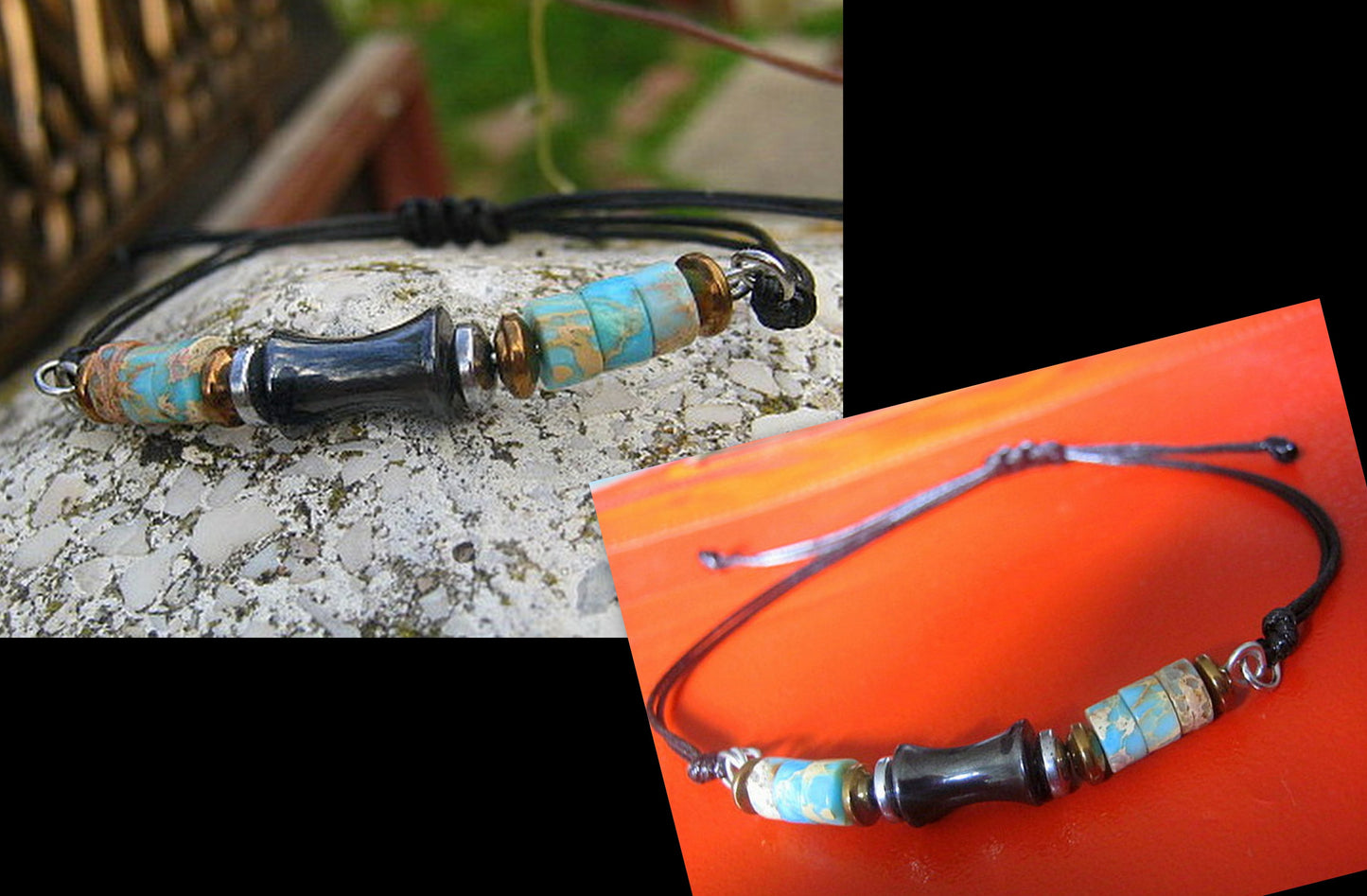 Men African OPAL stone Hematite bracelet thin Cord slice knot Bracelet, Healing crystal, Stack slim set surfer Handmade bracelet men gift
