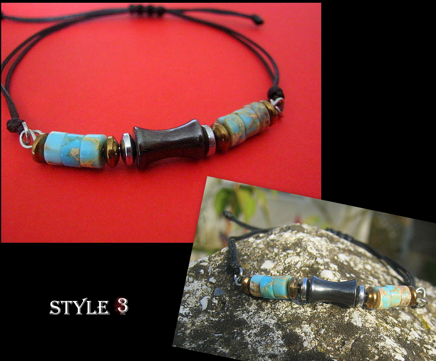 Men African OPAL stone Hematite bracelet thin Cord slice knot Bracelet, Healing crystal, Stack slim set surfer Handmade bracelet men gift