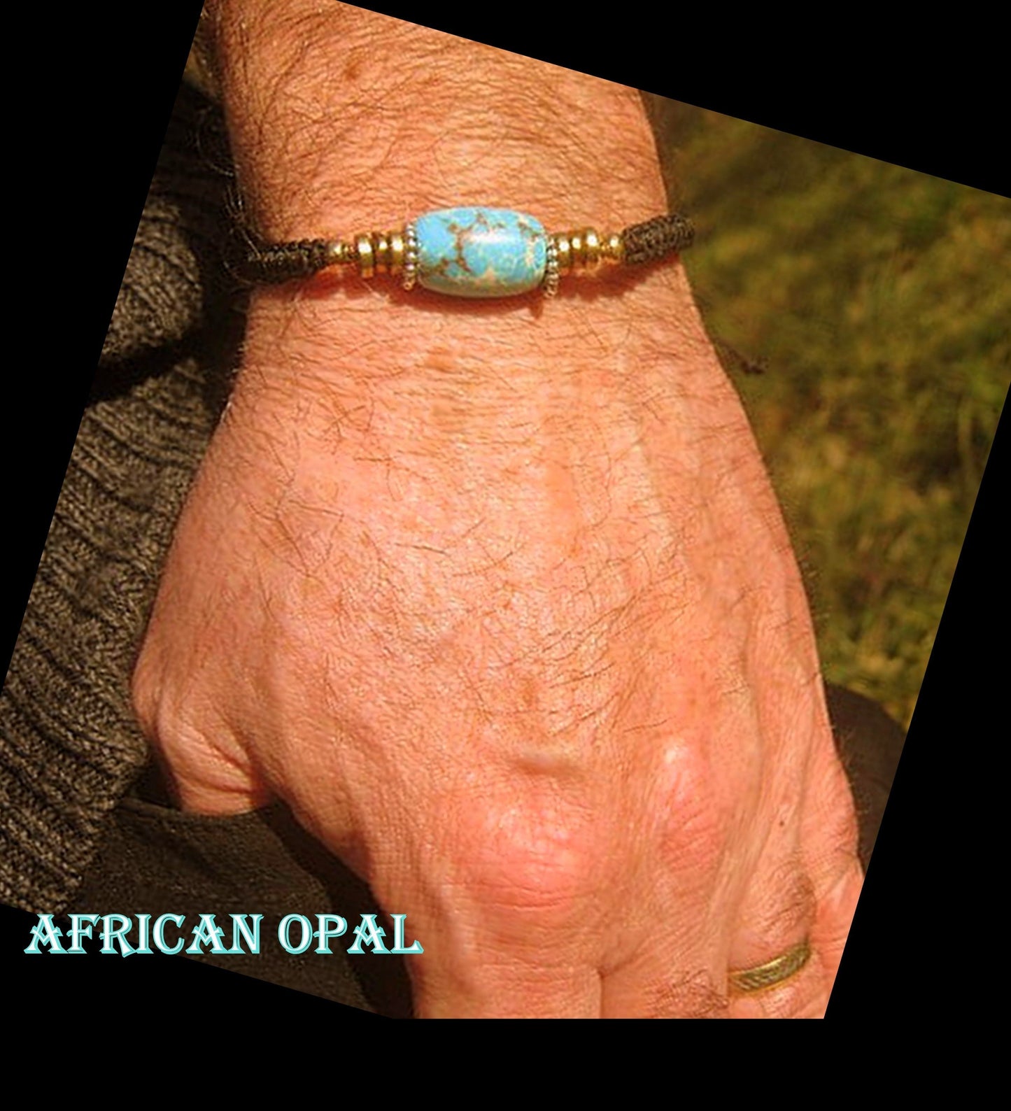Men African Opal stone Hematite bracelet thin Cord black slice knot Bracelet, Healing crystal, Stack slim set surfer Handmade bracelet men gift