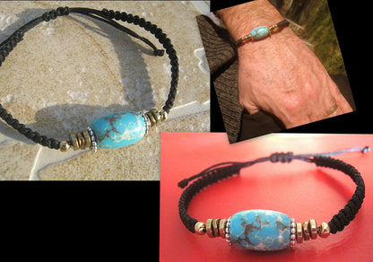 Men African Opal stone Hematite bracelet thin Cord black slice knot Bracelet, Healing crystal, Stack slim set surfer Handmade bracelet men gift
