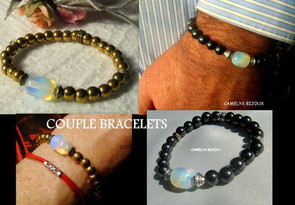 OPAL stone silver Hematite Bracelet Moonstone, Healing stone, Handmade bracelet men women couple gift