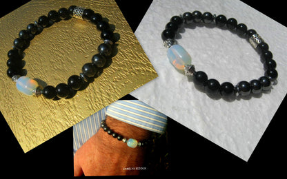 CAMELYS MAGIC 4 MEN - Men stone Opal Bracelet Tourmaline Hematite Onyx Moonstone Coco wood, Handmade bracelet men gift