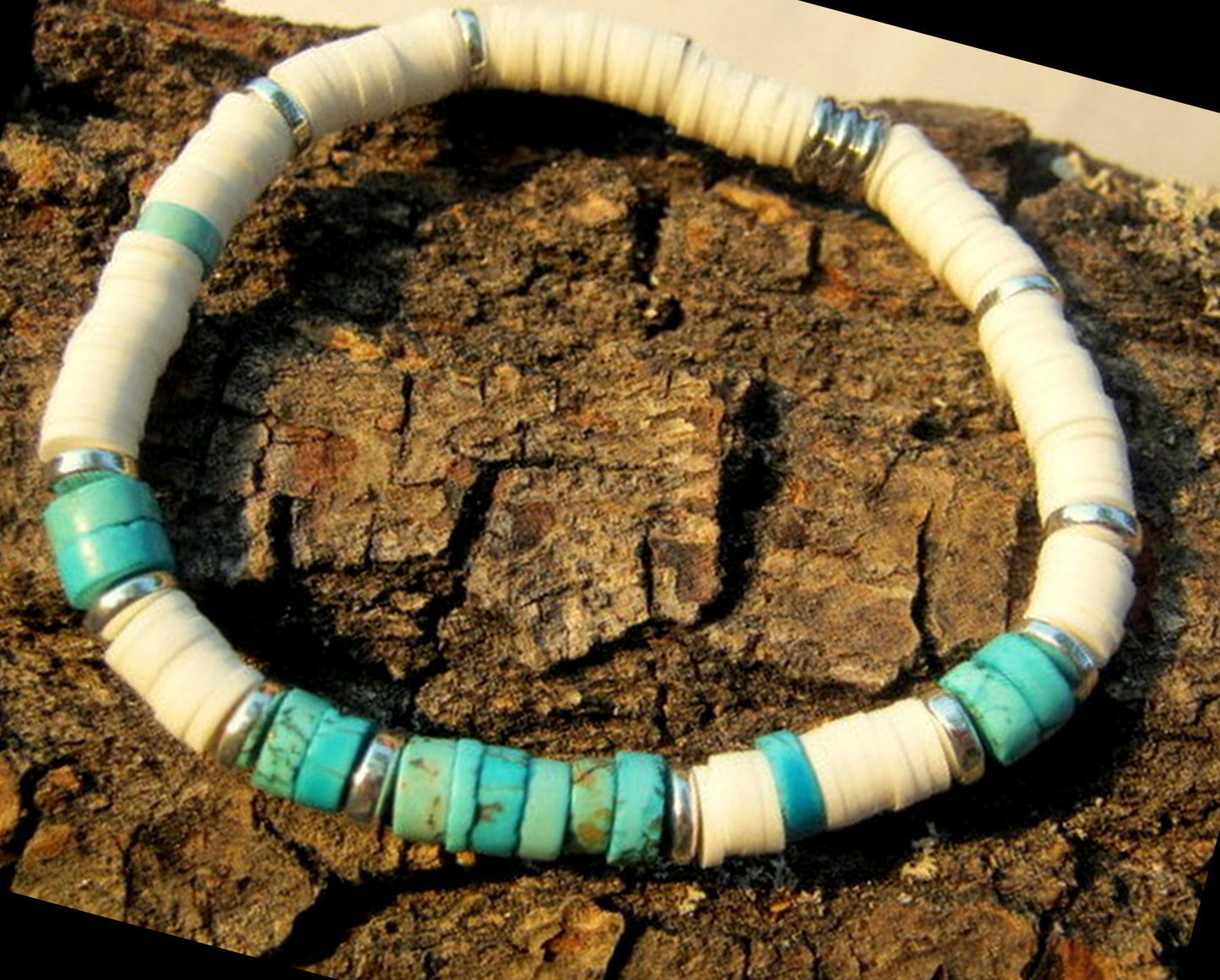 Men African TURQUOISE Bracelet white african style polymer heishi, silver hematite Healing stone, handmade bracelet men gift