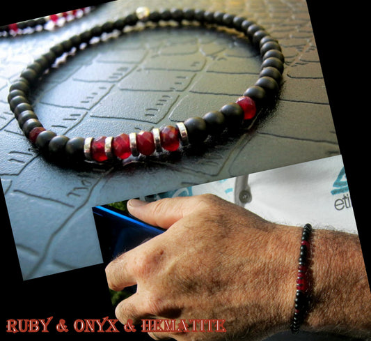 Men tiny RUBY Onyx Tourmaline Black Diamond Spinel Hematite bracelet, protection precious stone handmade slim bracelet men gift