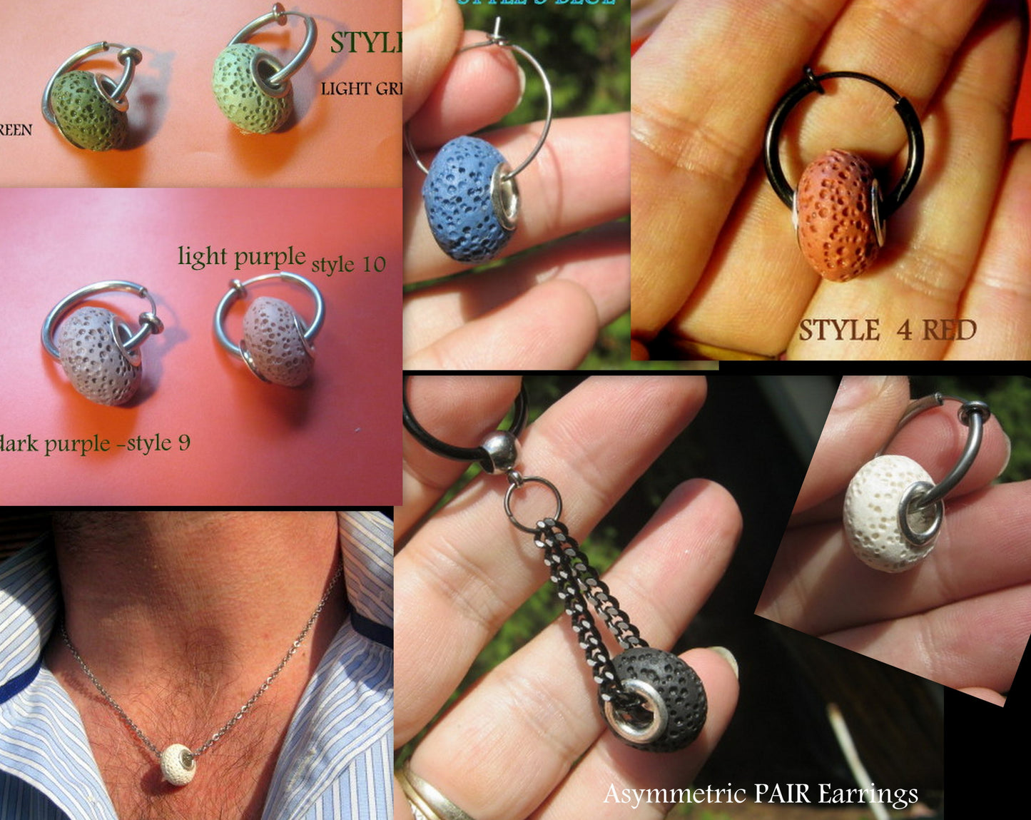 Men Earring donut LAVA stone, Dangle Hoop/ clip on black, Aromatherapy stone Handmade earring men women gift