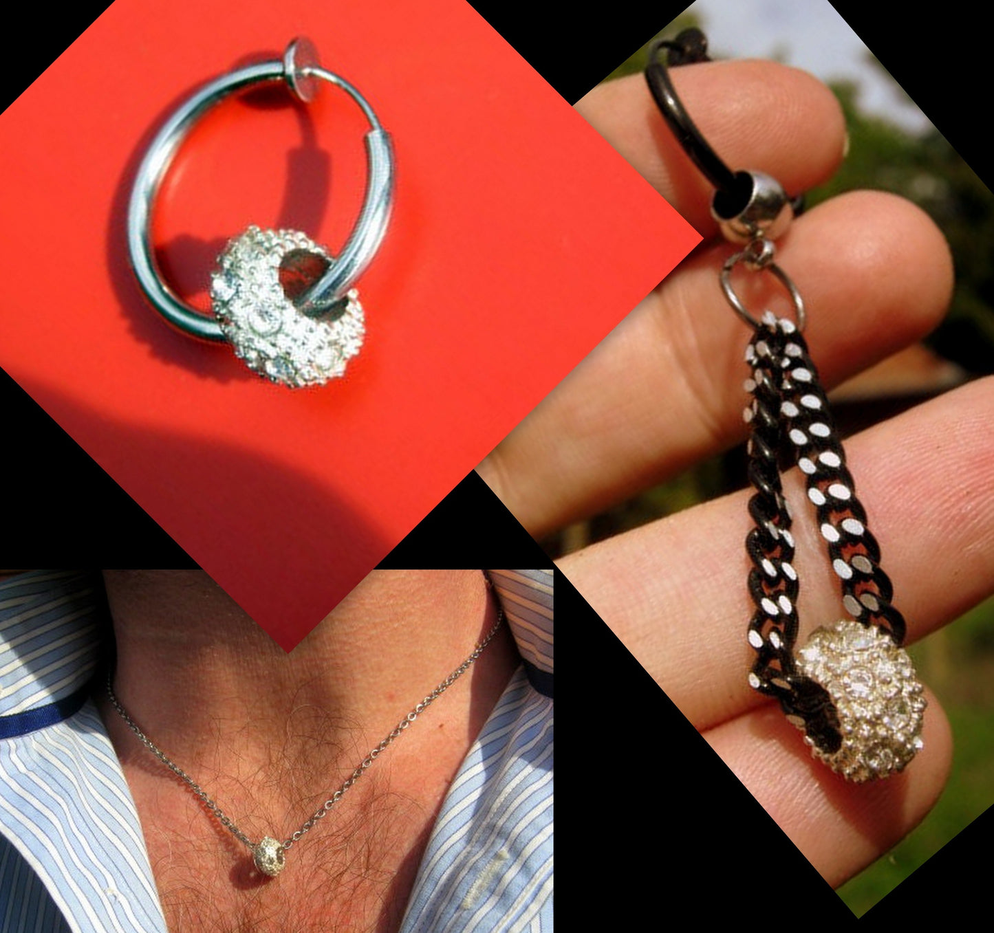 Men silver Donut rhinestone Earring Hoop or Clip on non piercing  earring, Dangle Handmade earring women men gift