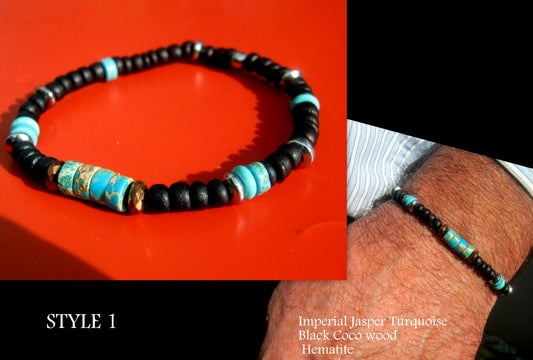 CAMELYS MAGIC 4 MEN - Men Bracelet blue Turquoise Imperial Jasper black Coco wood Hematite heishi Healing stone, handmade bracelet men gift