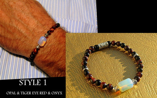 CAMELYS MAGIC 4 MEN - Men stone OPAL Bracelet red TIGER EYE Onyx Tourmaline Hematite Moonstone, Handmade bracelet men gift