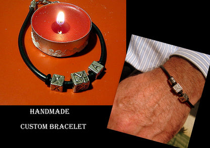Men silver charm LOVE custom cord /Leather Bracelet, Stack slim protection Handmade bracelet men gift