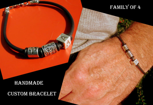 Men silver charm "Family of 4" custom Leather Bracelet, Stack slim protection Handmade bracelet men gift