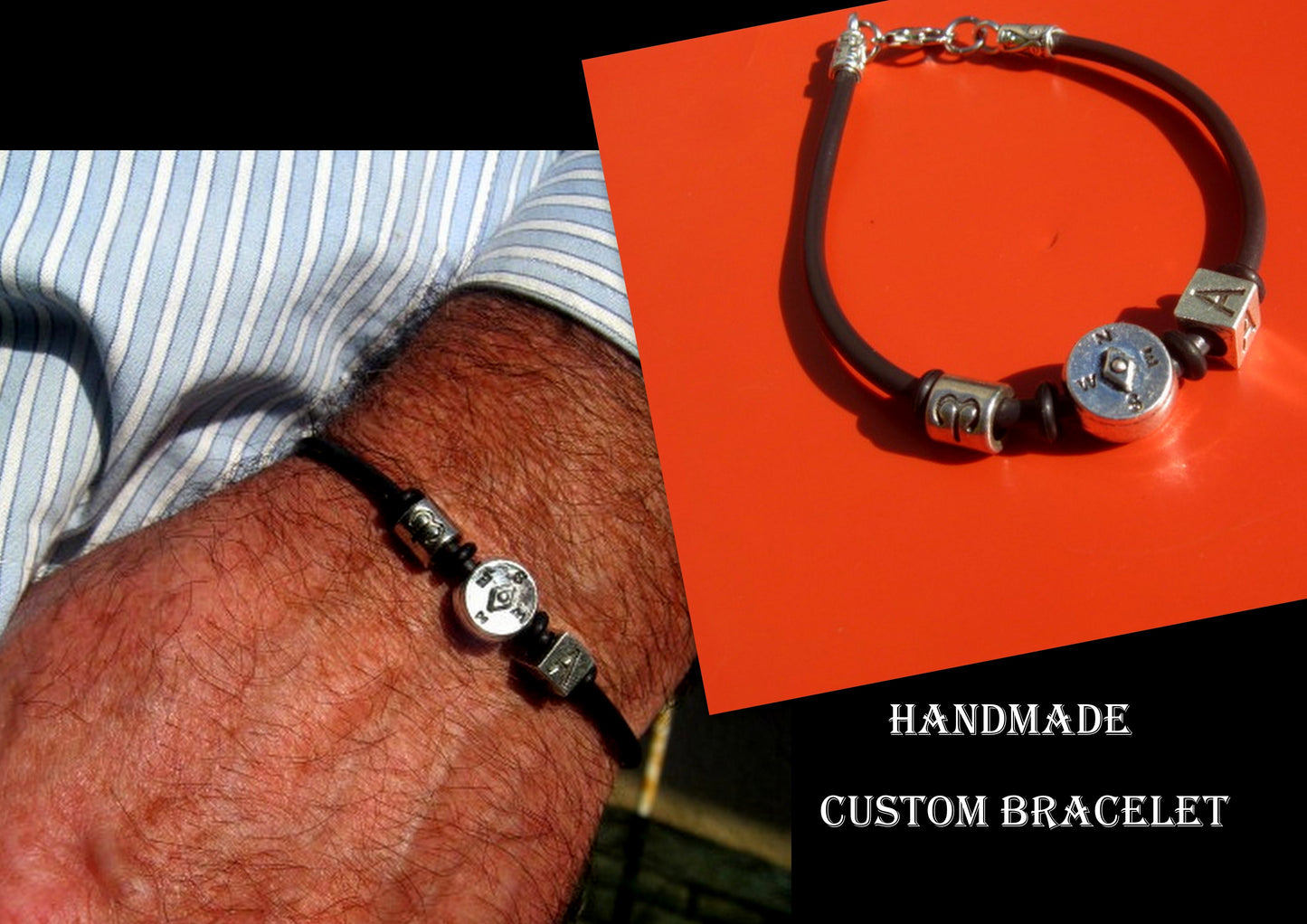 Men silver COMPASS custom cord /Leather Bracelet, Stack slim protection Handmade bracelet men gift