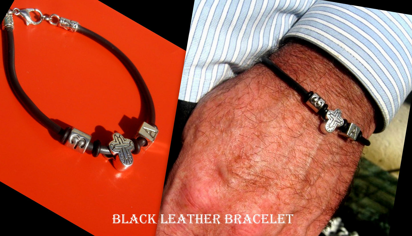 Men silver CROSS custom cord /Leather Bracelet, Stack slim protection Handmade bracelet men gift