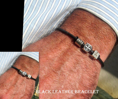 Men silver CROSS Skull punk custom cord /Leather Bracelet, Stack slim protection Handmade bracelet men gift