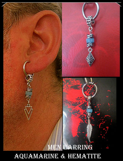 AQUAMARINE stone Hematite men Earring Hoop/ Clip on dangle unisex mono earring, triangle, leaves, Handmade earring men gift