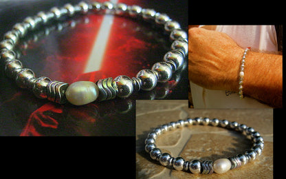 Men Bracelet Freshwater PEARL & silver Hematite, Nacre, Black blue pearl, Prosperity Healing surfer bracelet Men/women/couple gift, handmade bracelet