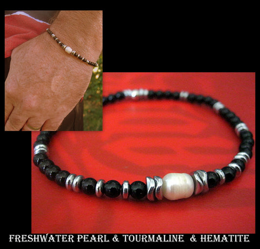 Men Bracelet  Freshwater Pearl, Tourmaline & Hematite wave, Spiritual Healing surfer bracelet Men/women/couple gift, handmade bracelet