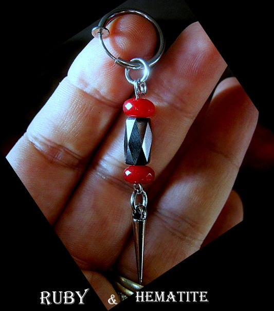 Men Earring RUBY & Hematite faceted stone, spike, Dangle Hoop/ clip on black, stone Handmade earring men gift