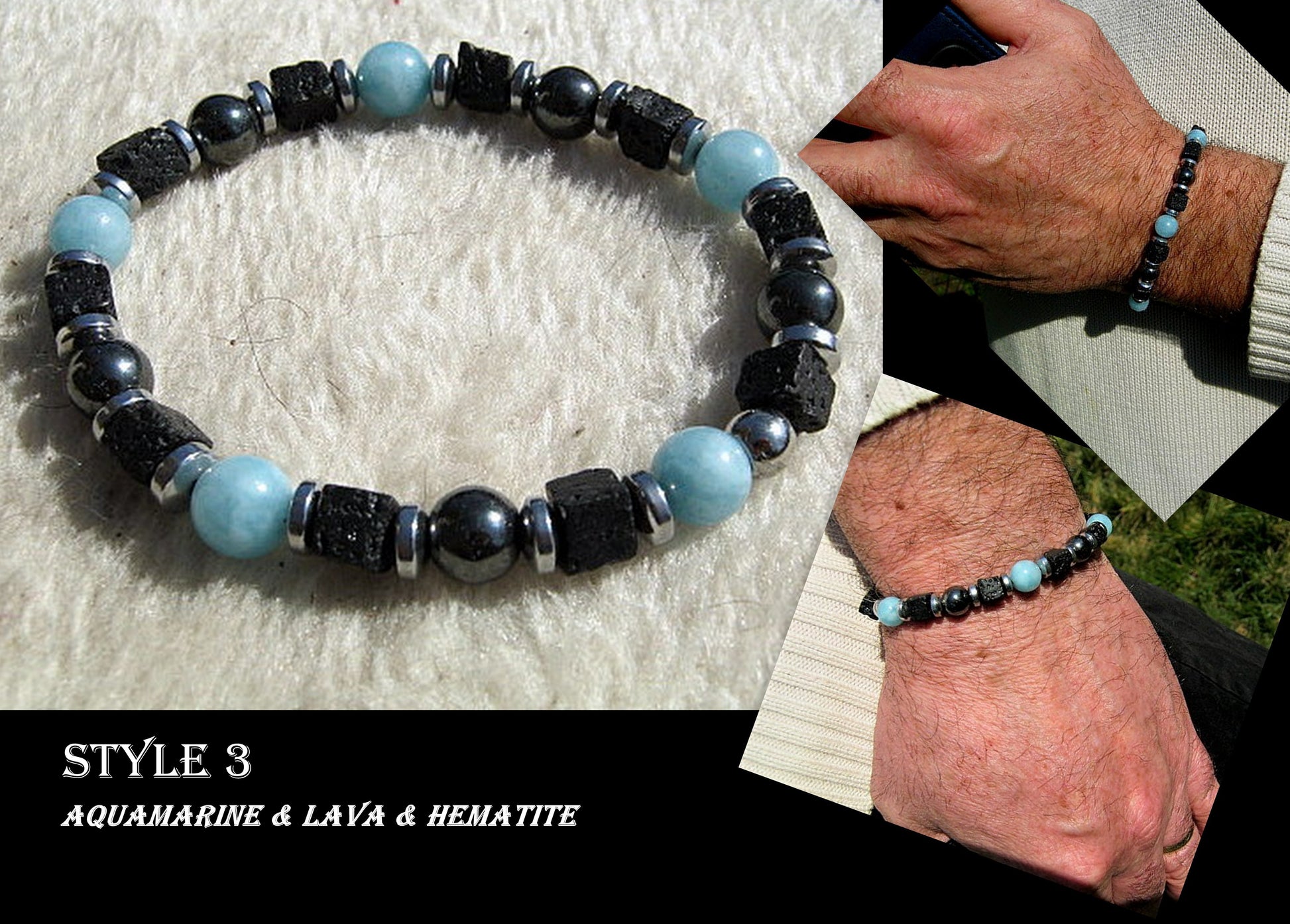 Men BRACELET AQUAMARINE Lapis Lazuli Lava Onyx protection abundance stone handmade bracelet men gift