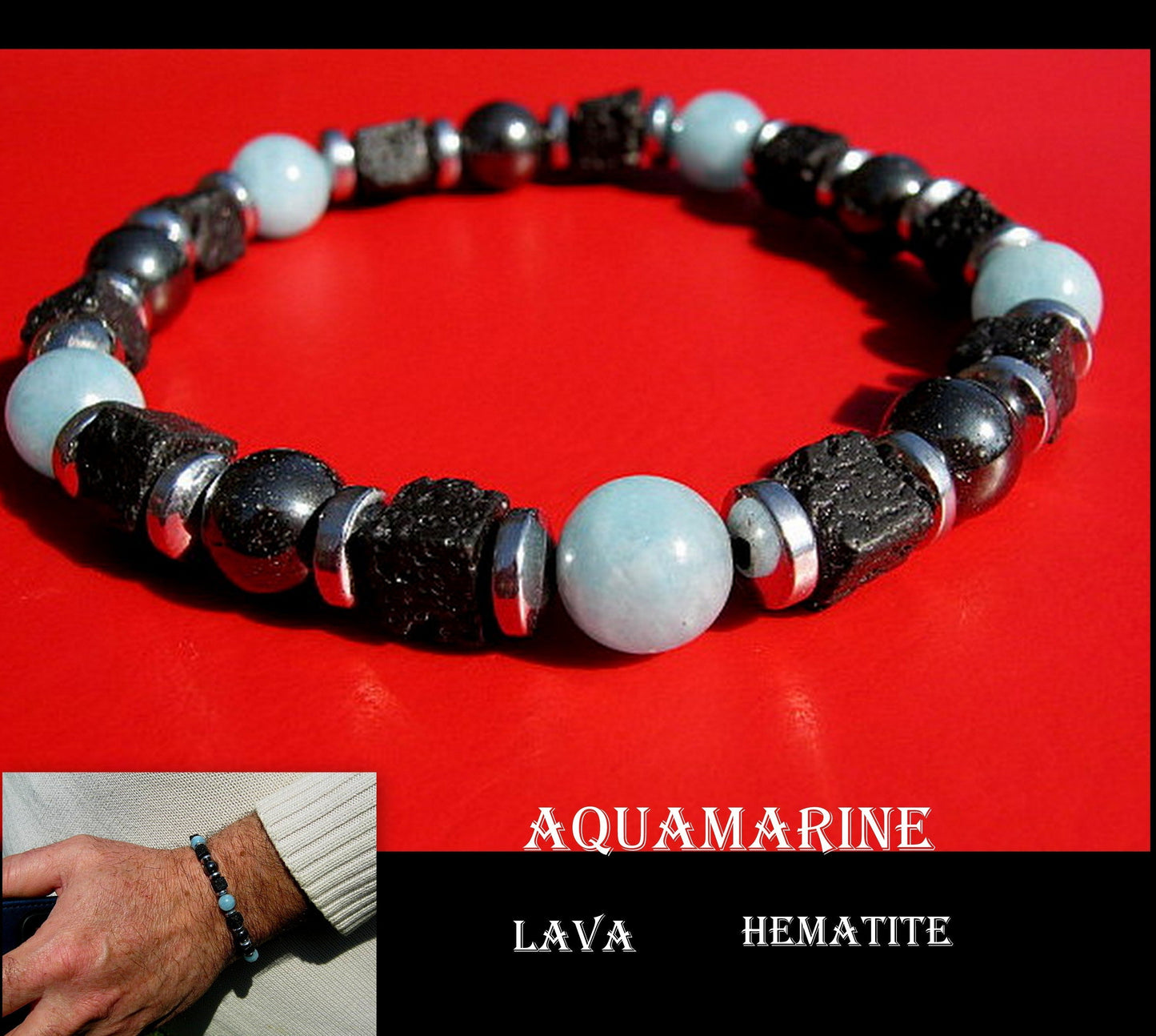 Men BRACELET AQUAMARINE Lapis Lazuli Lava Onyx protection abundance stone handmade bracelet men gift