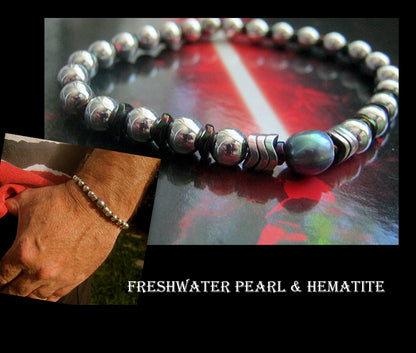 Men Bracelet Freshwater Black PEARL & Hematite, Nacre, Black blue pearl, Prosperity Healing surfer bracelet Men/women/couple gift, handmade bracelet