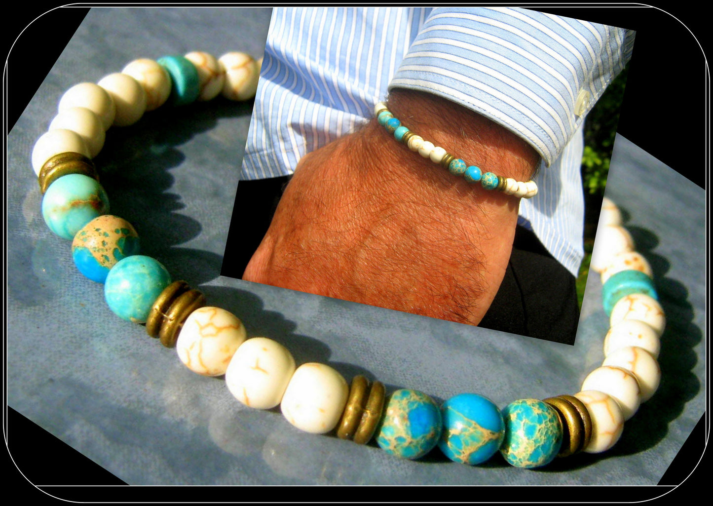 Men TURQUOISE Imperial JASPER Bracelet white Howlite, Healing stone, handmade bracelet men gift