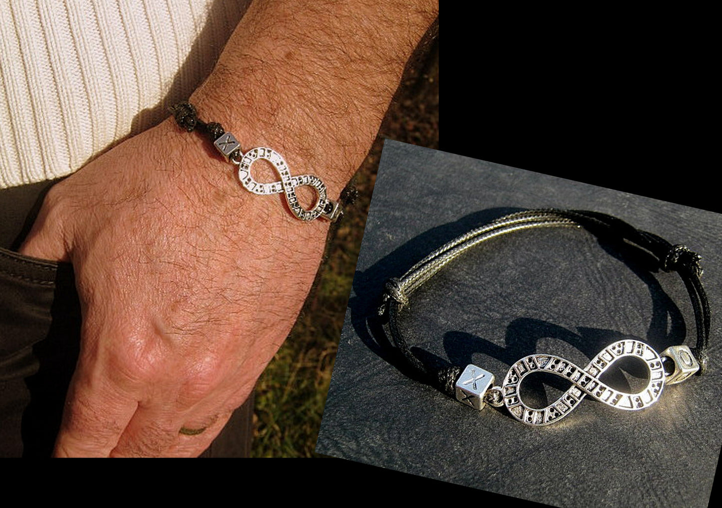 Men silver INFINITY custom bracelet thin Cord slice knot, initial zodiac Bracelet, Stack slim set surfer Handmade bracelet men gift