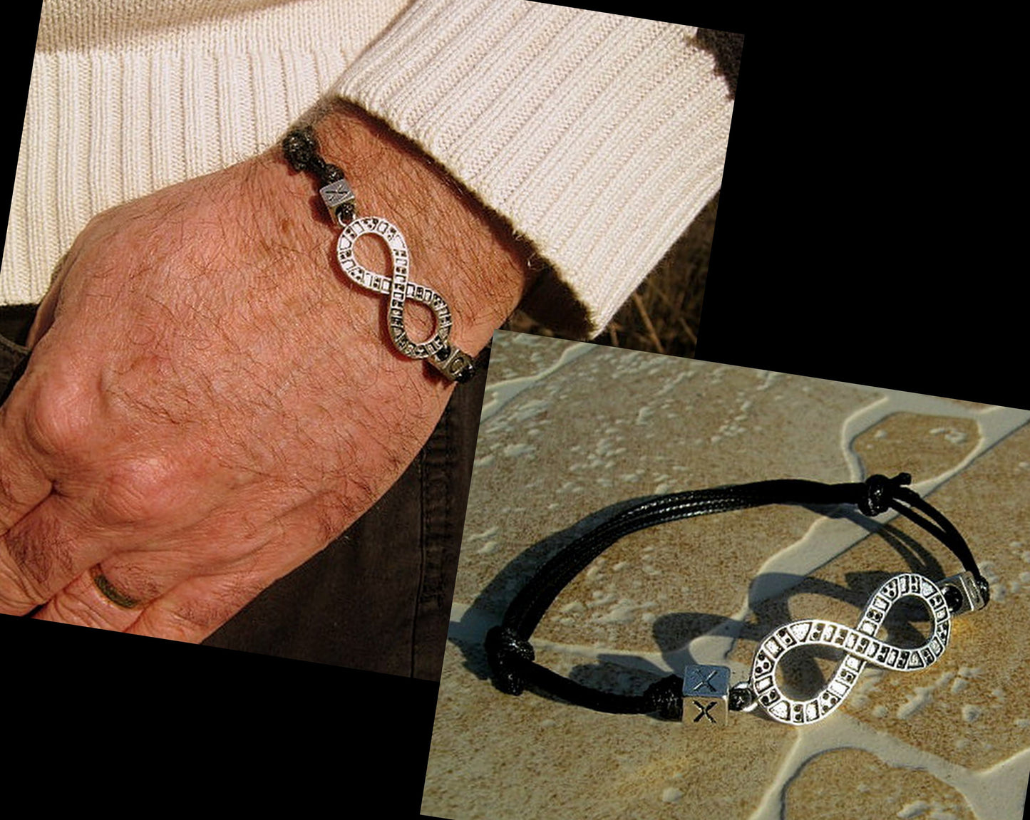 Men silver INFINITY custom bracelet thin Cord slice knot, initial zodiac Bracelet, Stack slim set surfer Handmade bracelet men gift