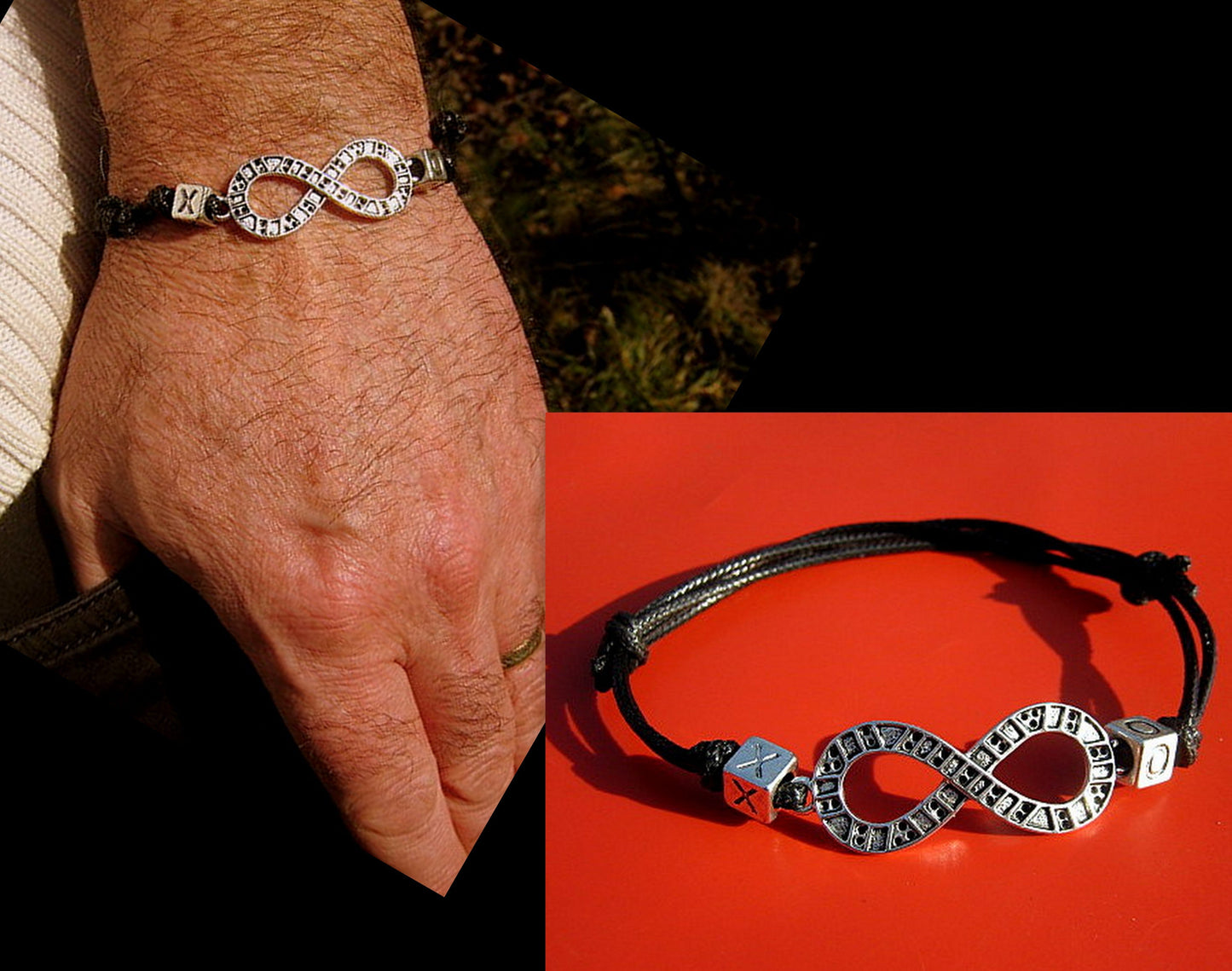 Men silver double INFINITY bracelet thin Cord slice knot custom initial zodiac Bracelet, Stack slim set surfer Handmade bracelet men gift