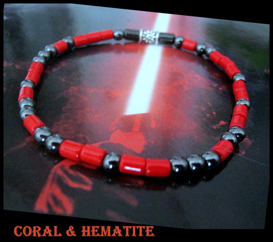 Men bracelet tiny gemstones-Coral Hematite, silver st 925, handmade slim bracelet men gift