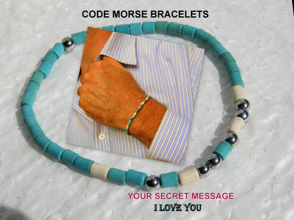 Custom CODE MORSE men/women Bracelet, Hematite & Turquoise, I love you Secret Message, Healing protection stone Men handmade slim bracelet Men gift