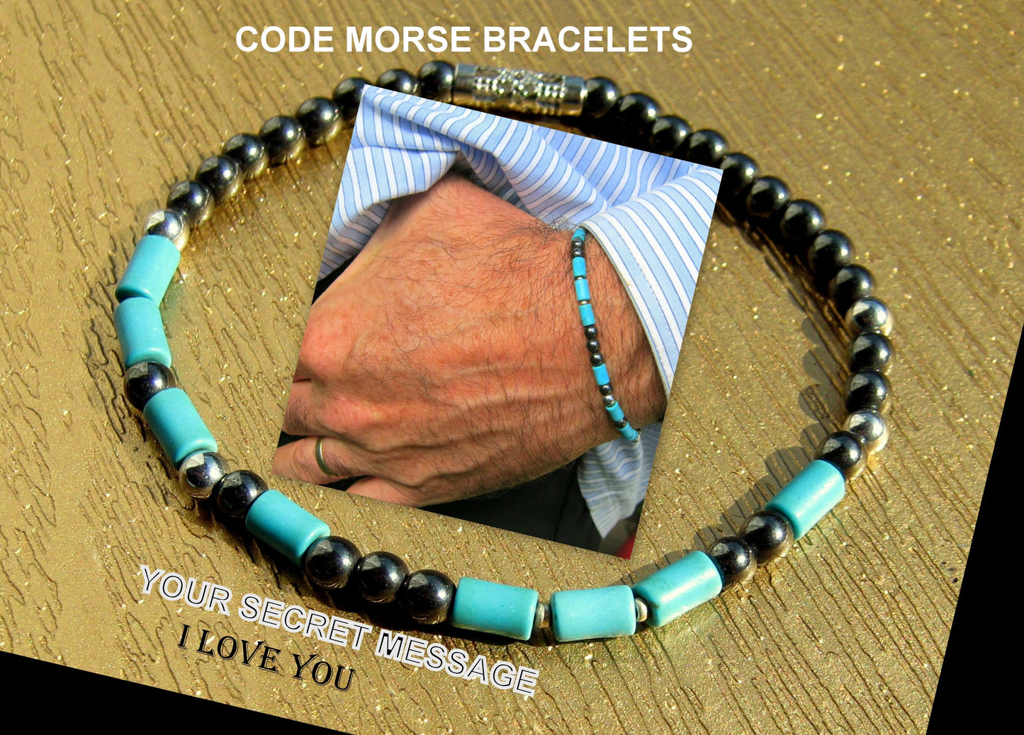 Custom CODE MORSE men/women Bracelet, Hematite & Turquoise, I love you Secret Message, Healing protection stone Men handmade slim bracelet Men gift