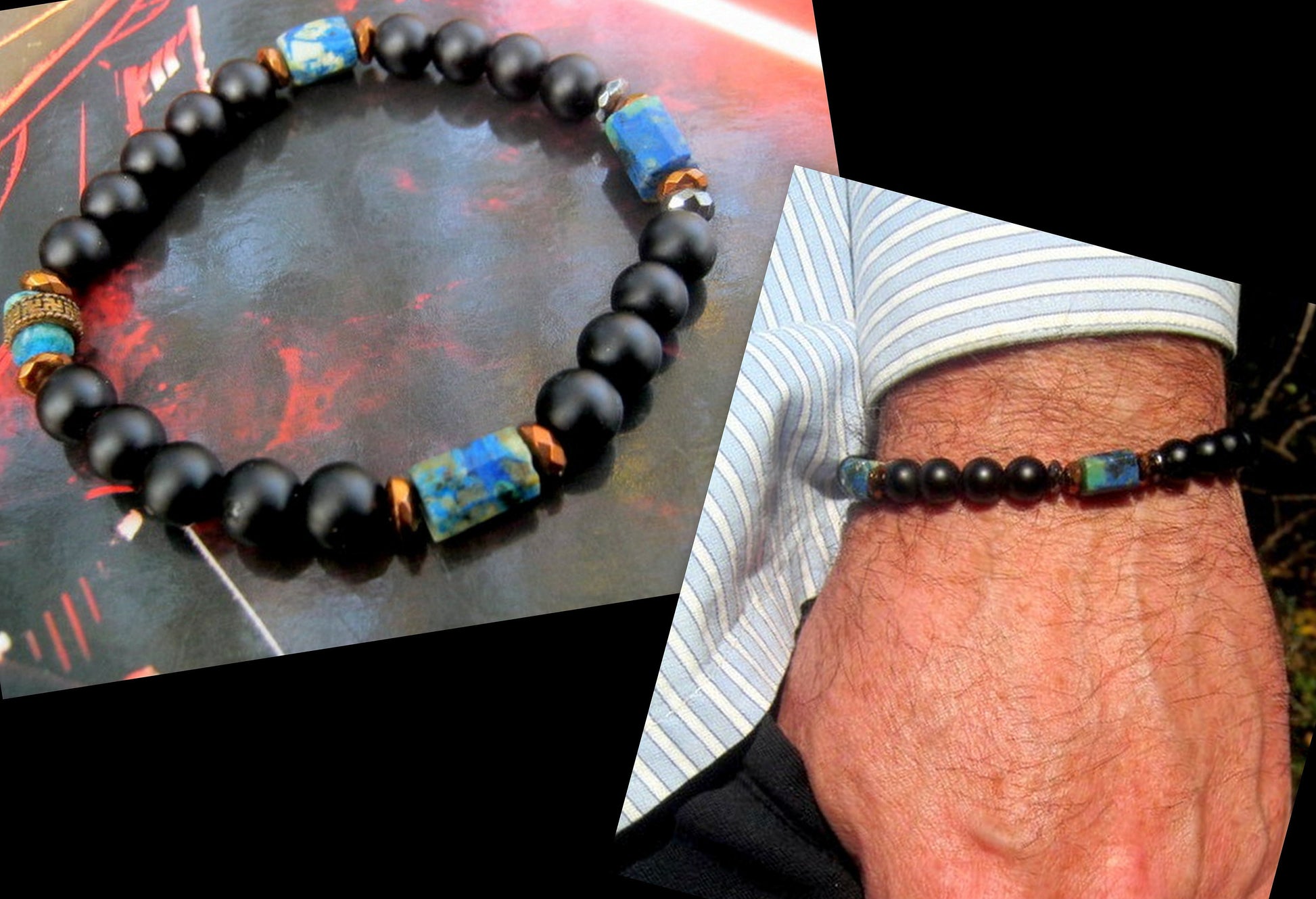 Men stone Bracelet Crazy lace Agate,Turquoise Azurite Chrisocolla Black Onyx, Hematite Healing stone, handmade bracelet men gift