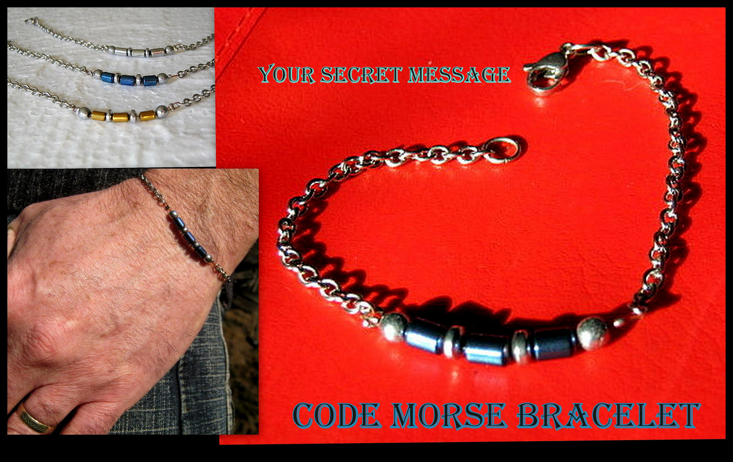 Custom CODE MORSE men/women Bracelet blue Hematite & Stainless steel chain, I love you Secret Message, Healing protection stone Men handmade slim bracelet Men gift