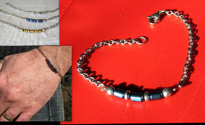 Custom CODE MORSE men/women Bracelet gold Hematite & Stainless steel chain, I love you Secret Message, Healing protection stone Men handmade slim bracelet Men gift
