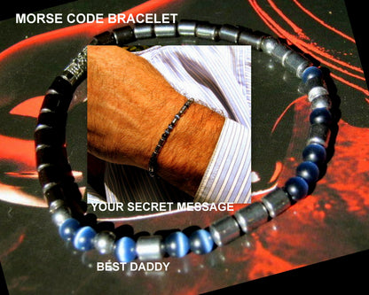 Custom MORSE CODE men/women Hematite Cat Eye Opal stone Bracelet, I love you Secret Message, Healing protection gemstone Men handmade slim bracelet Men gift