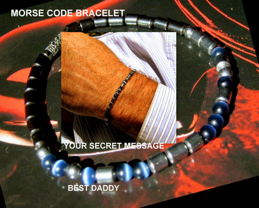 Custom MORSE CODE men/women Cat Eye Opal Hematite stone Bracelet, I love you Secret Message, Healing protection gemstone Men handmade slim bracelet Men gift