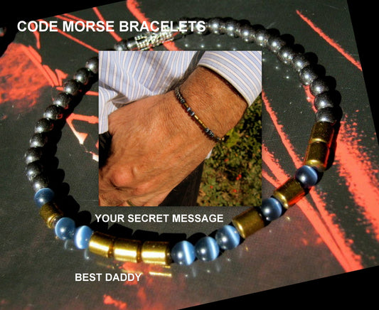 Custom MORSE CODE men/women Hematite Cat Eye Opal stone Bracelet, I love you Secret Message, Healing protection gemstone Men handmade slim bracelet Men gift