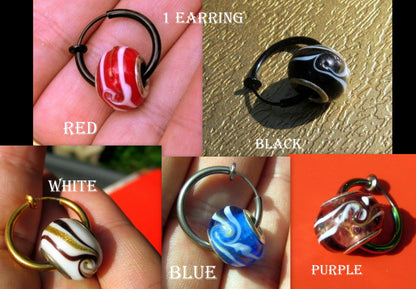 Men Earring  crystal Murano donut , Dangle Hoop/ clip on black, Handmade earring men women gift