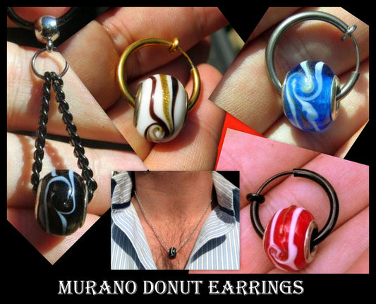 Men Earring  crystal Murano donut , Dangle Hoop/ clip on black, Handmade earring men women gift