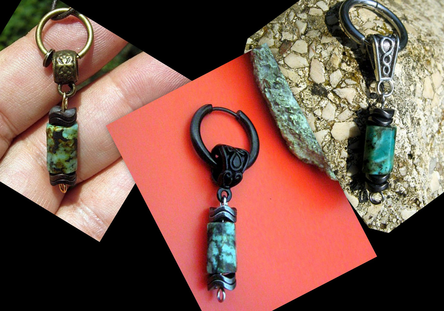 CAMELYS MAGIC 4 MEN - Men Earring African turquoise & Hematite stone black Spike Dangle Hoop/ clip on, Handmade earring men gift