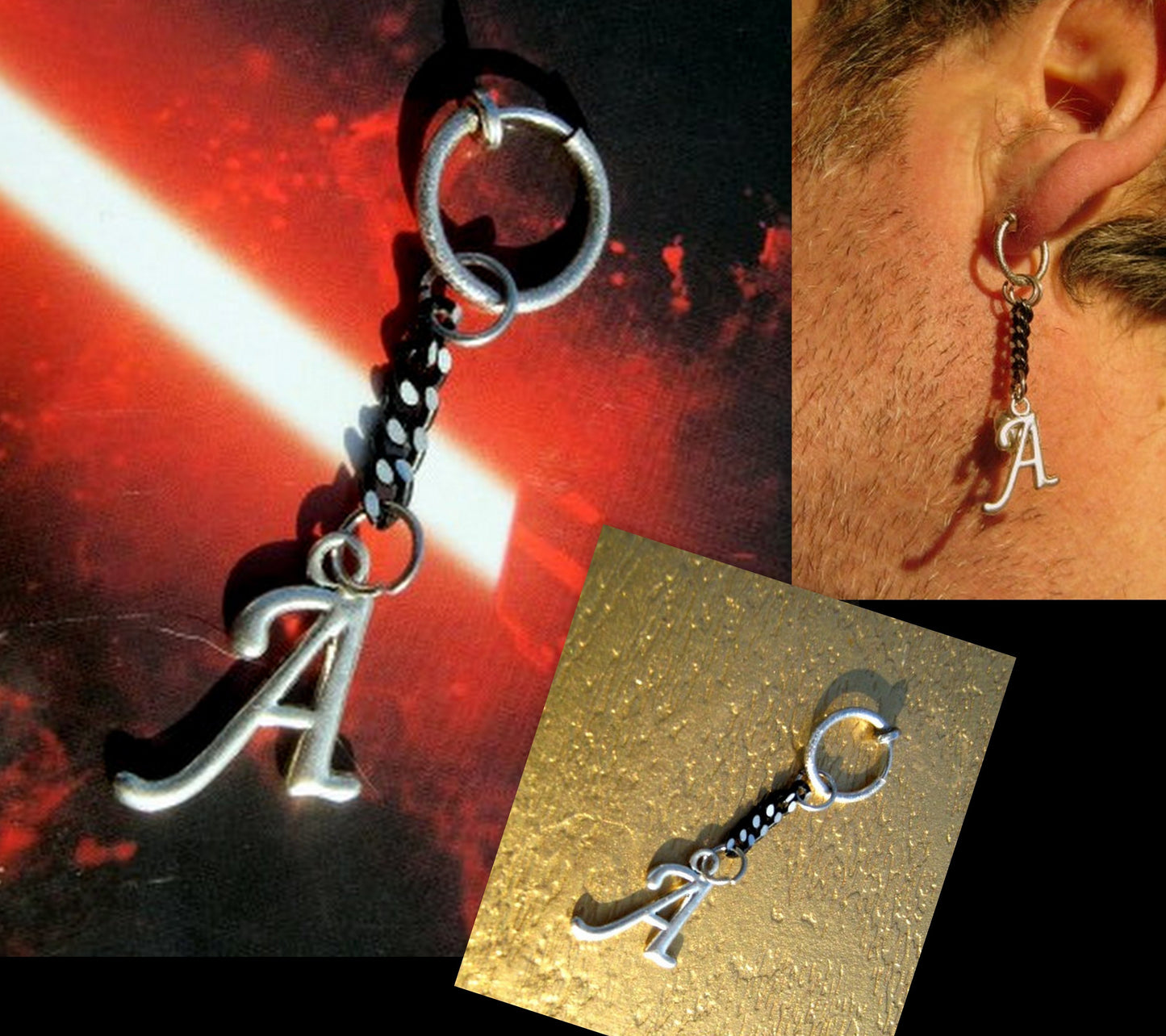 Men Earring silver Initial, black chain, stainless steel, Dangle Hoop/ clip on earring, Handmade earring women men gift
