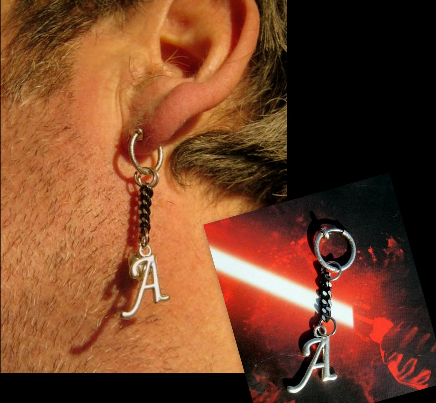 Men Earring silver Initial, black chain, stainless steel, Dangle Hoop/ clip on earring, Handmade earring women men gift