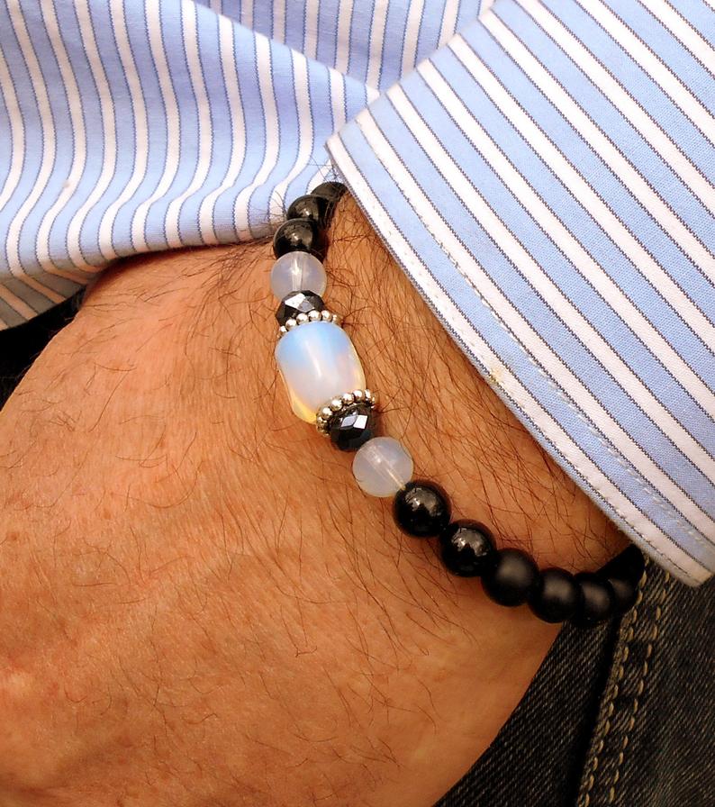 Men OPAL stone Bracelet Tourmaline Onyx Hematite Moonstone, Handmade bracelet men gift